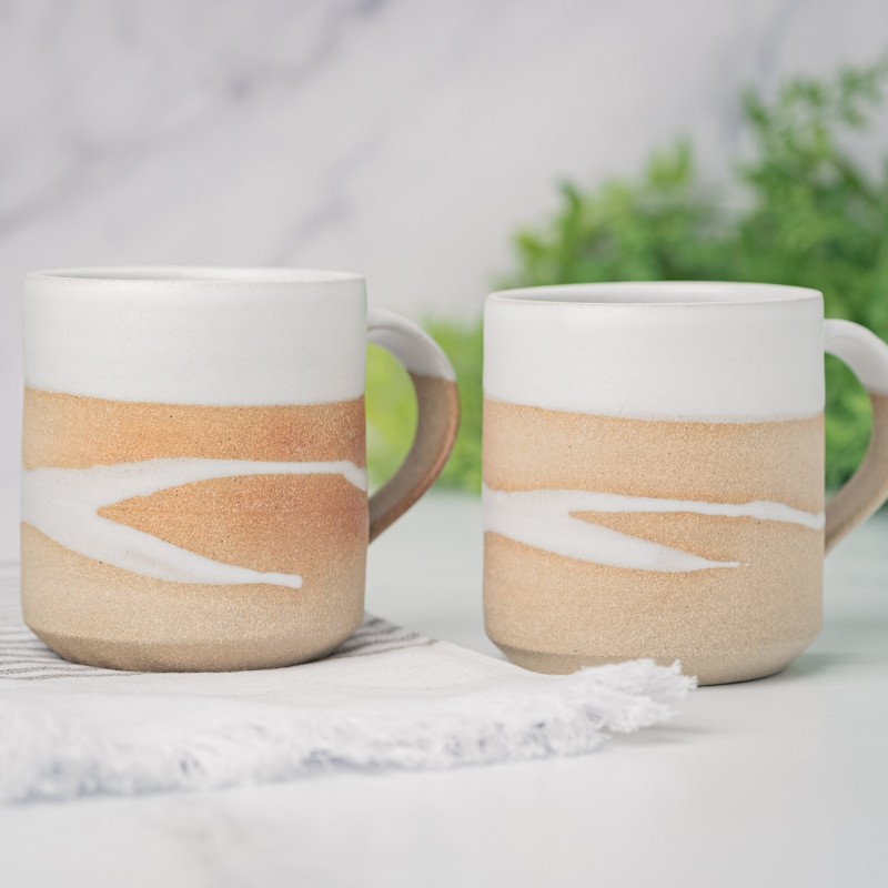 Handmade Ceramic Coffee Tea Mug Sandy White w/Trailing 12-14 oz Earthy Rustic Modern Aesthetic Unique Pottery Contemporary Dinnerware Gift