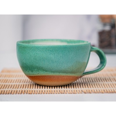 Cappuccino Cup, Latte Cup: Green/White, approximately 8 - 10 oz, Stoneware, Handmade