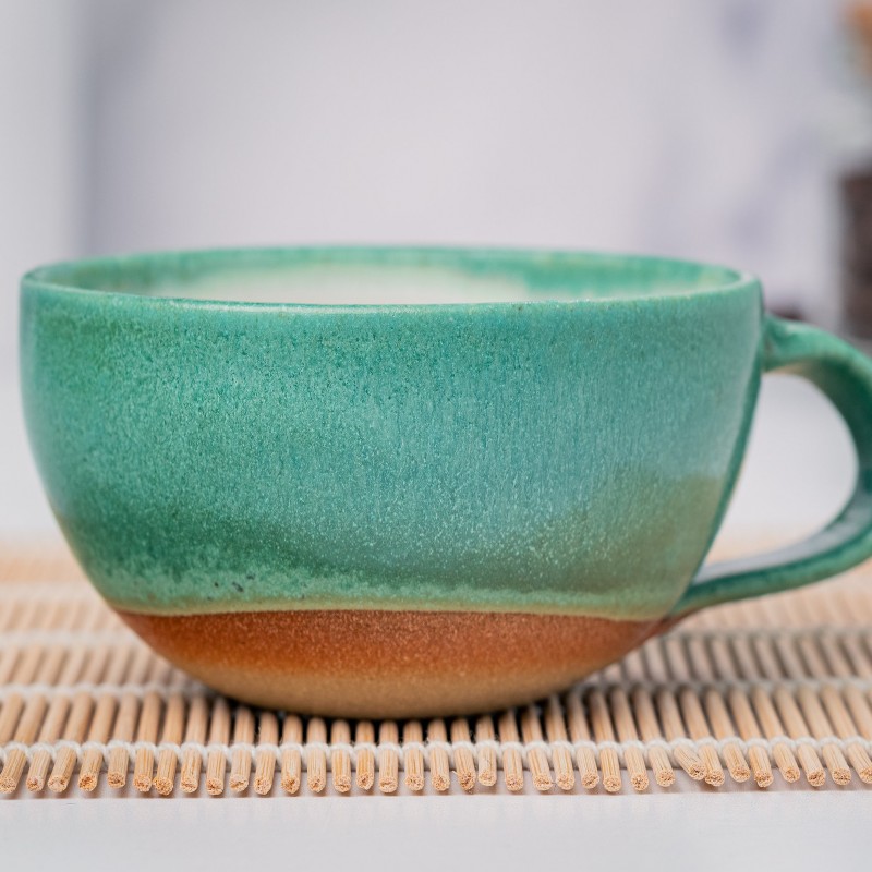 Cappuccino Cup, Latte Cup: Green/White, approximately 8 - 10 oz, Stoneware, Handmade