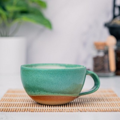 Cappuccino Cup, Latte Cup: Green/White, approximately 8 - 10 oz, Stoneware, Handmade