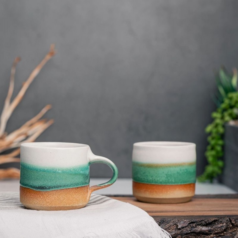 One Espresso/Cortado Cup (with or without handle): Green/White (4 - 5.5 oz), Handmade, Stoneware