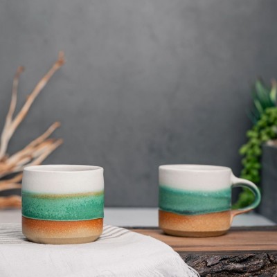 One Espresso/Cortado Cup (with or without handle): Green/White (4 - 5.5 oz), Handmade, Stoneware