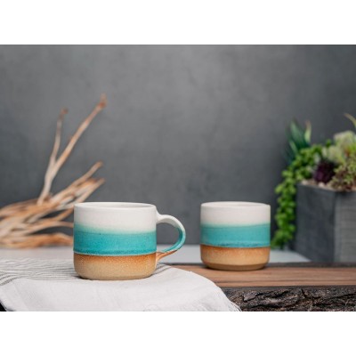 One Espresso/Cortado Cup (with or without handle): Turquoise/White (4 - 5.5 oz), Handmade, Stoneware