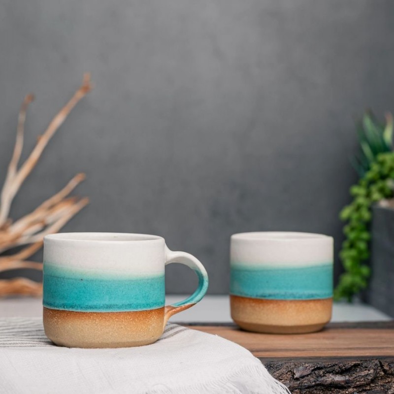 One Espresso/Cortado Cup (with or without handle): Turquoise/White (4 - 5.5 oz), Handmade, Stoneware