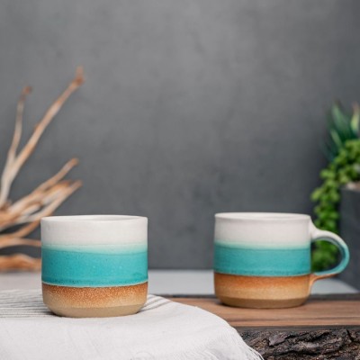 One Espresso/Cortado Cup (with or without handle): Turquoise/White (4 - 5.5 oz), Handmade, Stoneware