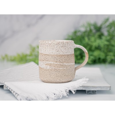 Handmade Ceramic Coffee Tea Mug Speckled White w/Trailing 12-14 oz Earthy Rustic Modern Aesthetic Unique Pottery Contemporary Dinnerware