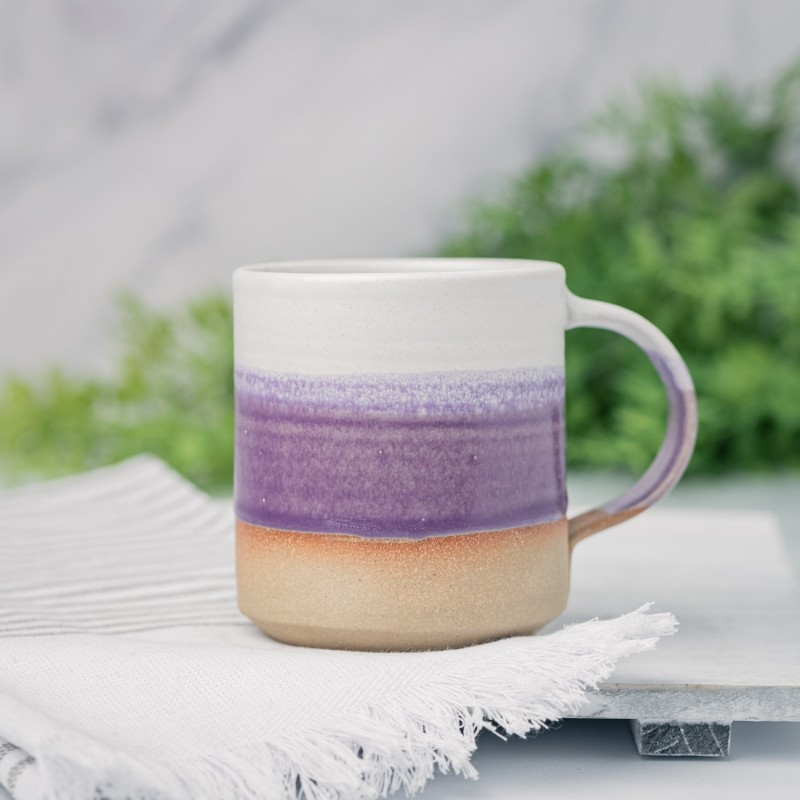 Handmade Ceramic Coffee Tea Mug Purple White 12-14 oz Earthy Rustic Modern Aesthetic Unique Pottery Contemporary Dinnerware Decor Gift