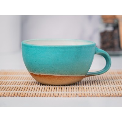 Cappuccino Cup, Latte Cup: Turquoise/White, approximately 8 - 10 oz, Stoneware, Handmade