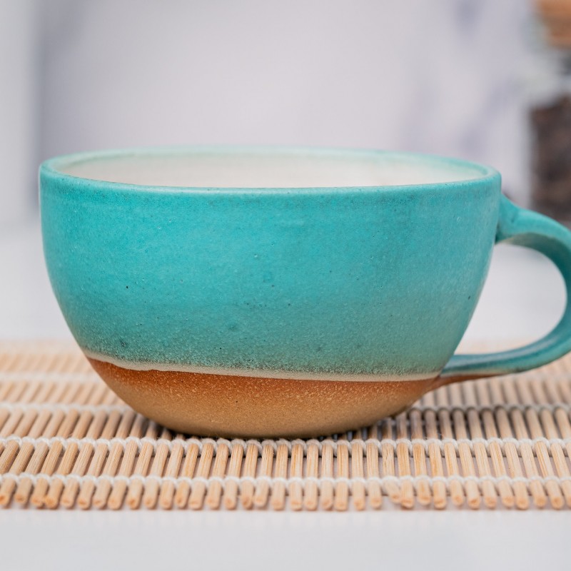 Cappuccino Cup, Latte Cup: Turquoise/White, approximately 8 - 10 oz, Stoneware, Handmade