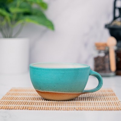 Cappuccino Cup, Latte Cup: Turquoise/White, approximately 8 - 10 oz, Stoneware, Handmade