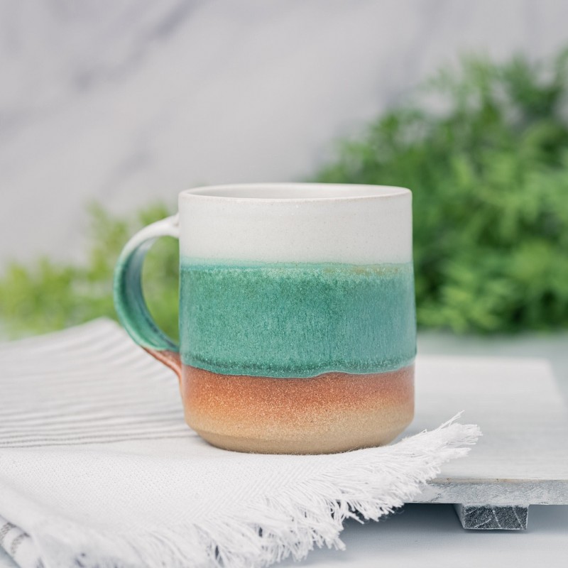 Handmade Ceramic Coffee Tea Mug Green White 12-14 oz Earthy Rustic Modern Aesthetic Unique Pottery Contemporary Dinnerware Decor Gift