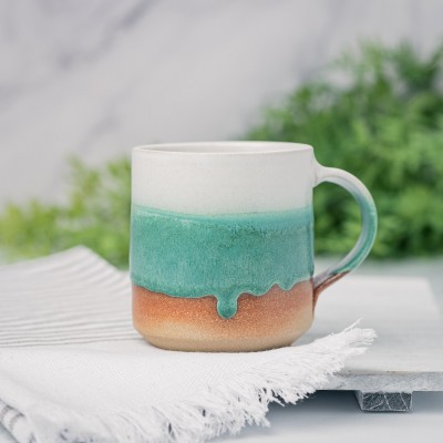 Handmade Ceramic Coffee Tea Mug Green White 12-14 oz Earthy Rustic Modern Aesthetic Unique Pottery Contemporary Dinnerware Decor Gift