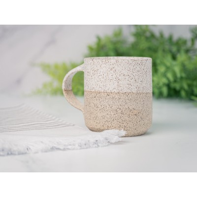 Handmade Ceramic Coffee Tea Mug Speckled White 12-14 oz Earthy Rustic Modern Aesthetic Unique Pottery Contemporary Dinnerware Decor Gift