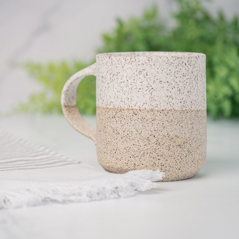 Handmade Ceramic Coffee Tea Mug Speckled White 12-14 oz Earthy Rustic Modern Aesthetic Unique Pottery Contemporary Dinnerware Decor Gift