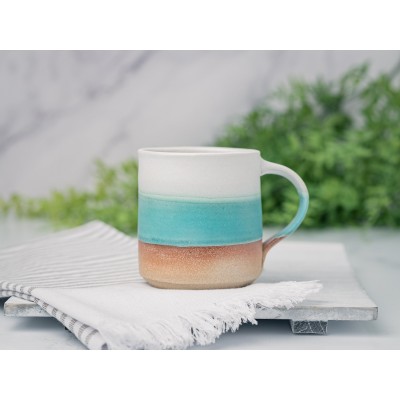 Handmade Ceramic Coffee Tea Mug Turquoise White 12-14 oz Earthy Rustic Modern Aesthetic Unique Pottery Contemporary Dinnerware Decor Gift