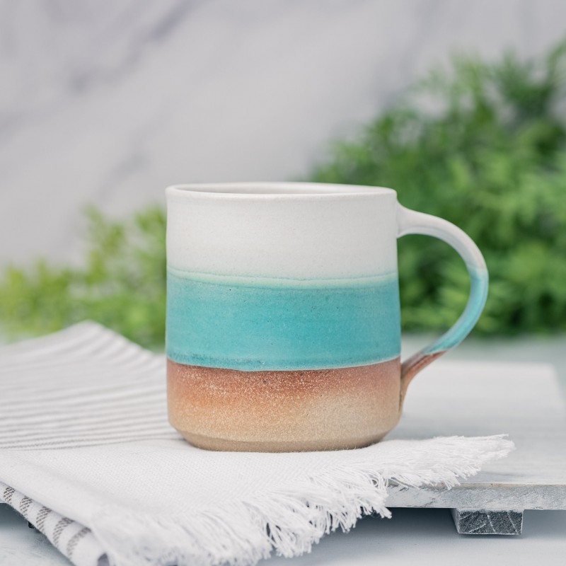 Handmade Ceramic Coffee Tea Mug Turquoise White 12-14 oz Earthy Rustic Modern Aesthetic Unique Pottery Contemporary Dinnerware Decor Gift