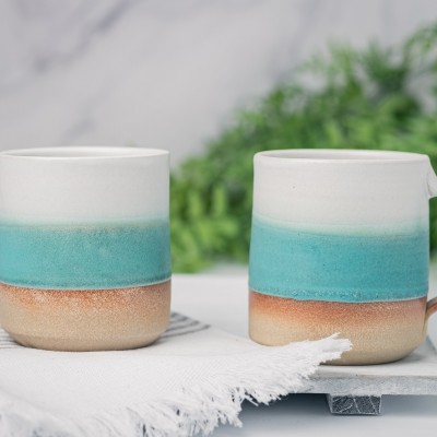 Handmade Ceramic Coffee Tea Mug Turquoise White 12-14 oz Earthy Rustic Modern Aesthetic Unique Pottery Contemporary Dinnerware Decor Gift