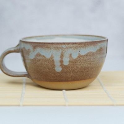 Cappuccino Cup, Latte Cup: Brown-GreyBlue/White, approximately 8-10 oz, Stoneware, Handmade