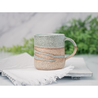 Handmade Ceramic Coffee Tea Mug Speckled Blue-Grey White w/Trailing 12-14 oz Earthy Modern Aesthetic Unique Pottery Contemporary Dinnerware