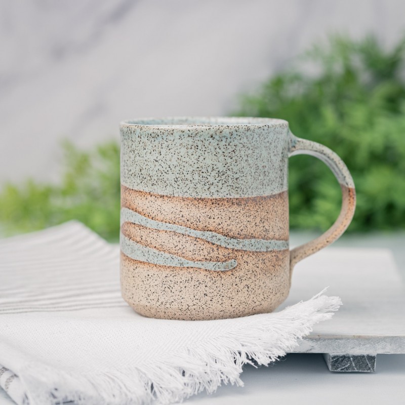 Handmade Ceramic Coffee Tea Mug Speckled Blue-Grey White w/Trailing 12-14 oz Earthy Modern Aesthetic Unique Pottery Contemporary Dinnerware